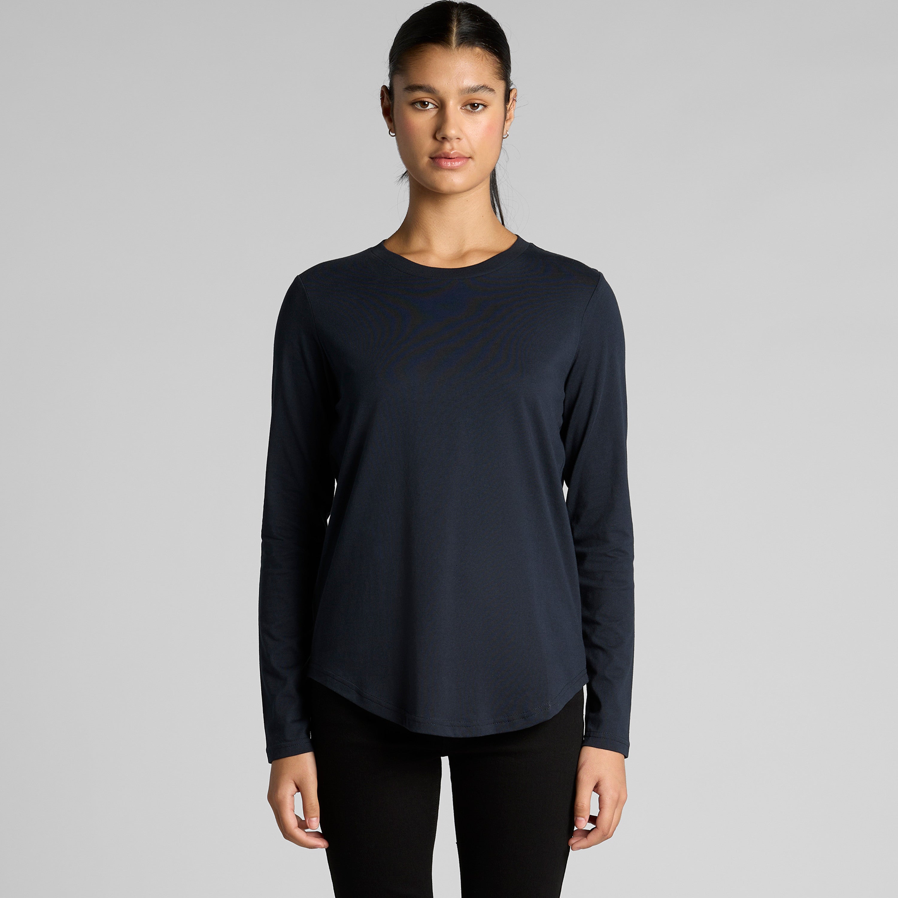 Women's Maple Curve Long Sleeve Tee | Arena Custom Blanks - Arena Prints - Modeled Shot - Front