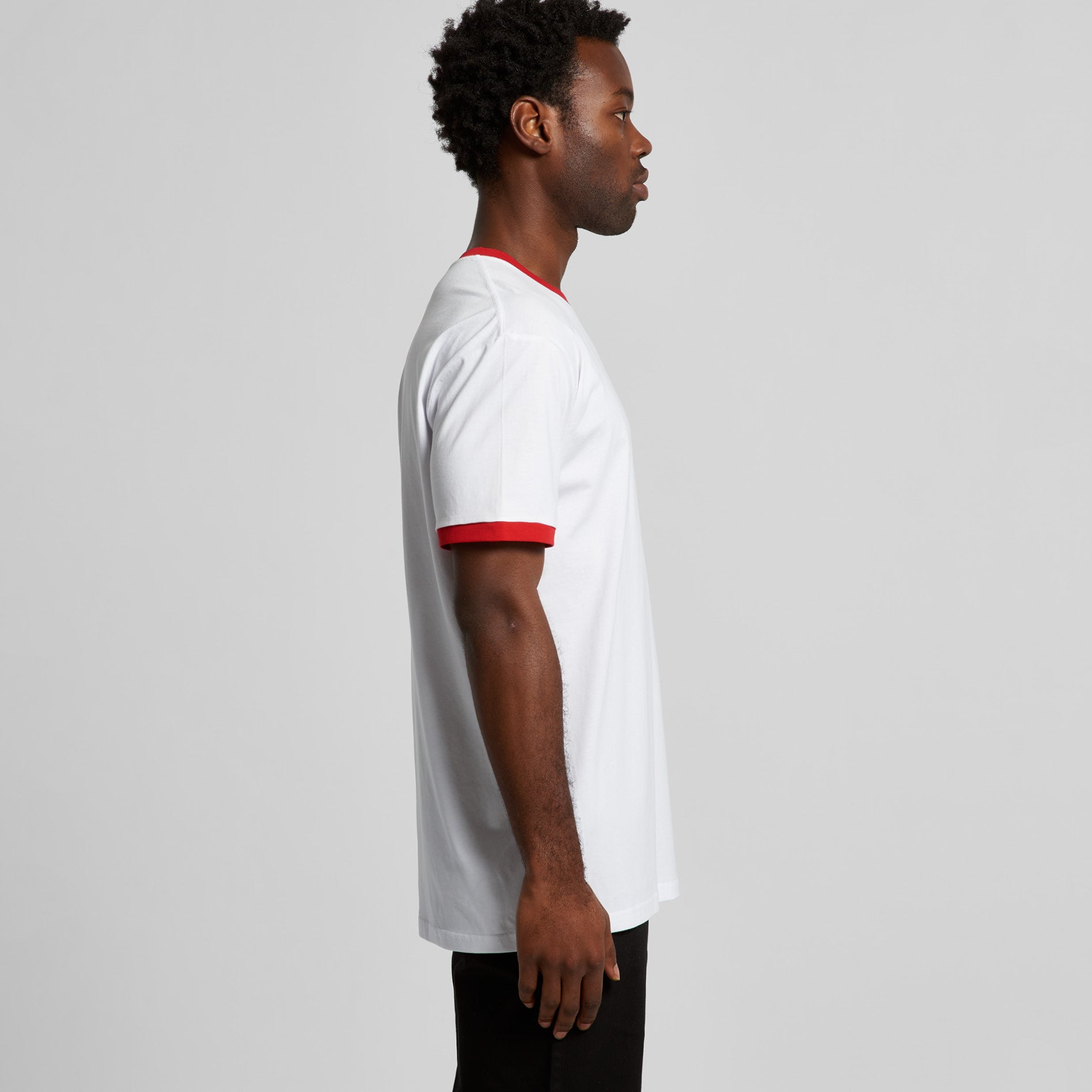 Men's Staple Ringer Tee Shirt | Arena Custom Blanks - Arena Prints - Modeled Shot - Side