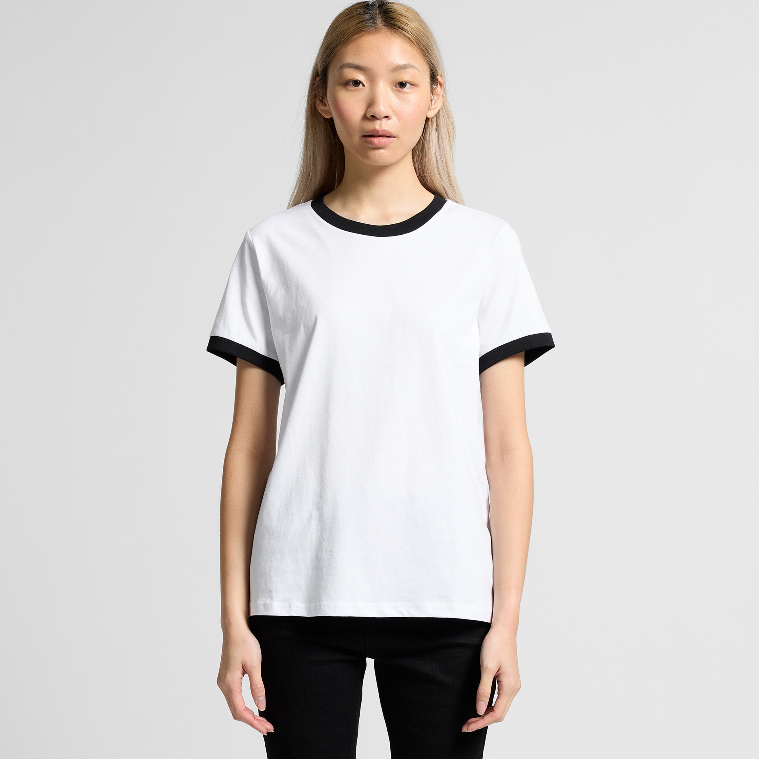 Women's Maple Ringer Tee | Arena Custom Blanks - Arena Prints - Modeled Shot - Front